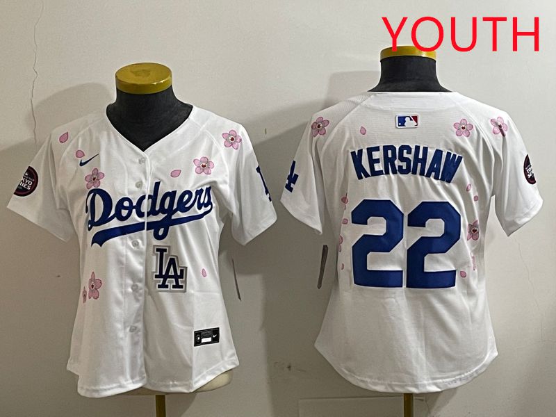 Youth Los Angeles Dodgers #22 Kershaw White Sakura Edition 2025 Nike MLB Jersey style 9->youth mlb jersey->Youth Jersey
